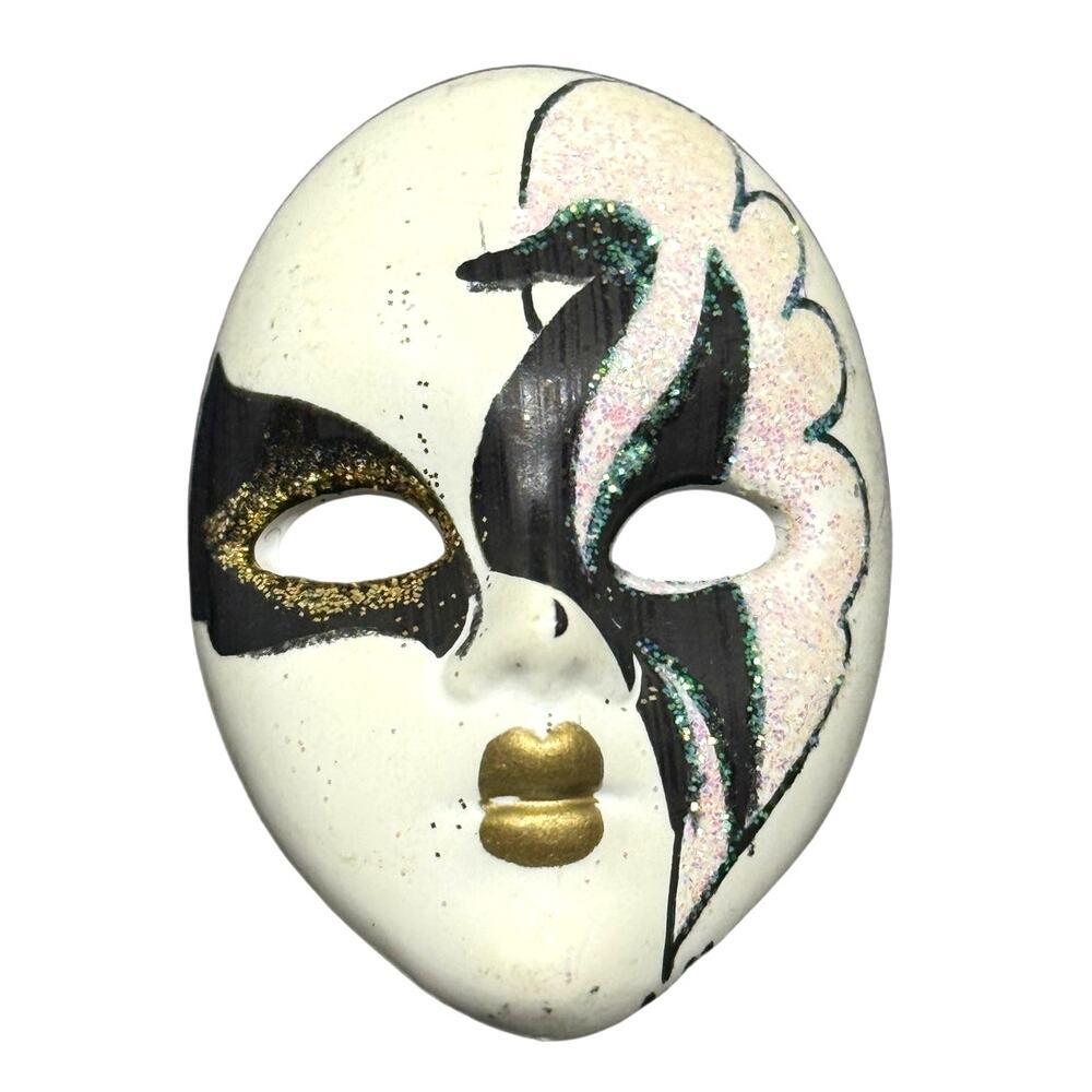 1980s Venetian Mardi Gras Mask Porcelain Glitter Brooch Pin Vintage